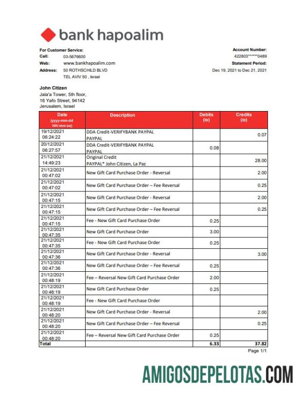 Extrato bancário Hapoalim do Banco de Israel para download, modelo fácil de preencher em formato de arquivo .xls e .pdf